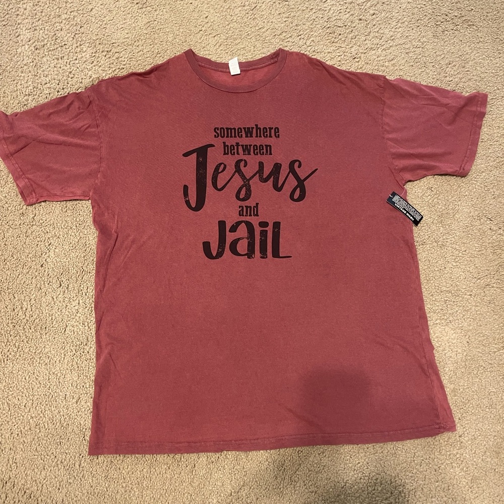 Xxl maroon graphic short sleeve tee somewhere between Jesus and jail NWOT